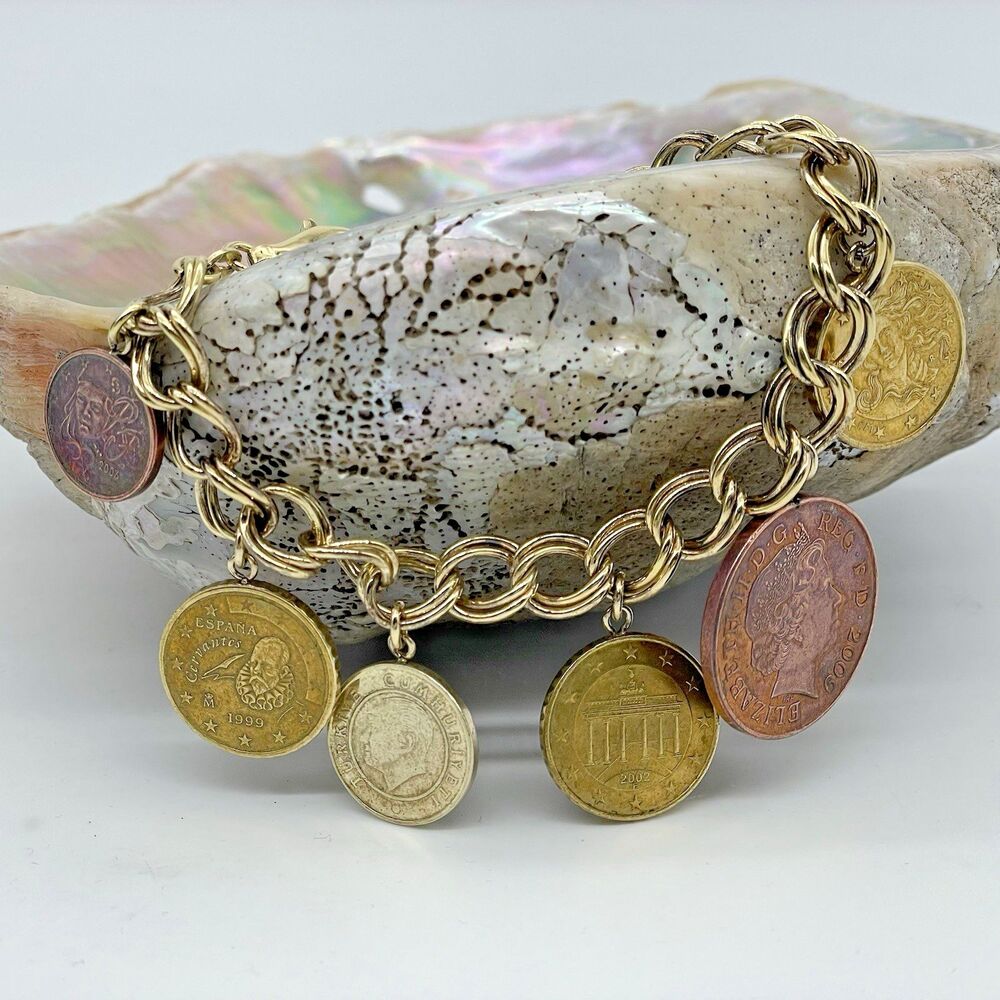 Karizia Spa KA 1772 Italy 925 Coins Queen ELIZABETH Dangle Bracelet 8” Gold Tone
